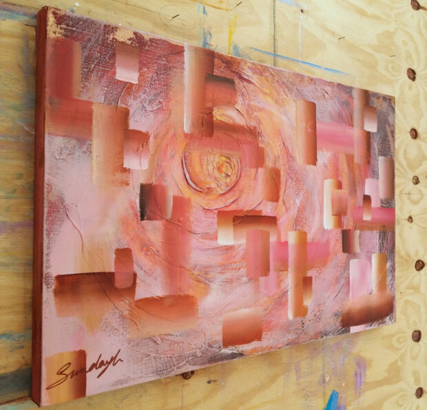 This piece started out very differently.  The 'pasting' was that of a tight rose, just the inference of the petals, and in rich tones of orange and russet with highlights of gold.  And so it was for quite a few months.  But there was something about it that wasn't right - it resembled a tunnel of light, but it just wasn't right.  I brought it back into my studio and was inspired to place the seemingly random brush strokes over the work.  It came alive instantly.  I like the' jarriness' of the 'floating' blocks which look like they are in front of the vortex beyond.